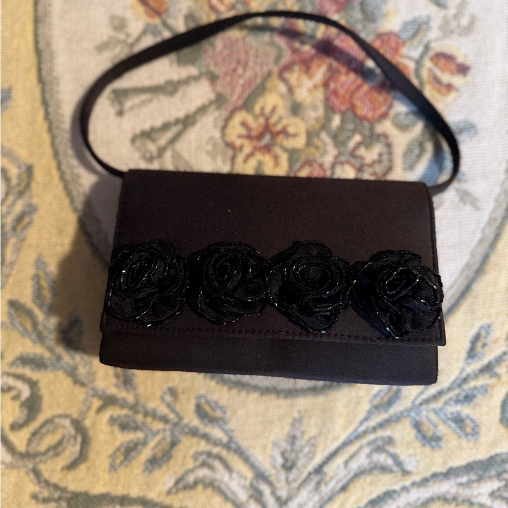 Vintage La Regale Black Satin Beaded Rose Clutch